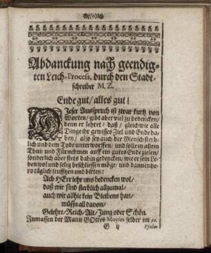Abdanckung nach geendigten Leich-Process, durch den Stadtschreiber M. Z.