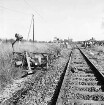 Bahnunfall: Eisenbahnstrecke zwischen Bad Oldesloe und Neumünster: Bahnübergang Seefeld: Kollision eines Triebwagens mit einem Ackerschlepper sowie Anhänger: rechts Gleis: links Trümmer des Treckers: hinten am Bahndamm weiterere Trümmerteile: dahinter rechts Bahnübergang mit Polizisten, Feuerwehrleuten und Zuschauern: hinten Mitte Polizeifahrzeug: hinten Büsche und Bäume
