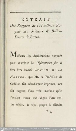 Extrait Des Registres De l´Académie Royale des Sciences & Belles-Lettres de Berlin