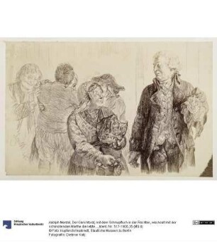 Der Gerichtsrat, mit dem Schnupftuch in der Rechten, wechselt mit der schmollenden Marthe die letzten Worte. Hinter Marthe tauschen Eve und Ruprecht den Versöhnungskuss, zu Heinrich von Kleist "Der zerbrochene Krug"