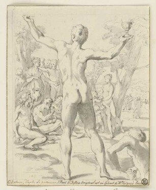 Ganymed reicht den Göttern eine Schale mit Nektar (nach einer Zeichnung von Parmigianino, damals in der Sammlung Rutgers, Amsterdam)