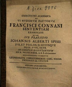 Exercitatio Academica De Vi Nudorum Pactorum Francisci Connani Sententiam Examinans