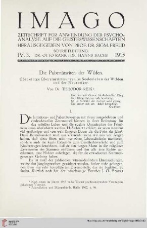 4: Die Pubertätsriten der Wilden, [1] : über einige Übereinstimmungen im Seelenleben der Wilden und der Neurotiker