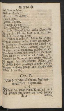 Cap. IV. Von der Schul-Ordnung des neuangelegten Gymnasii
