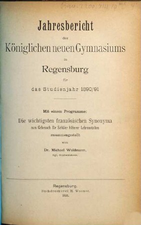 Jahresbericht : für das Schuljahr .... 1890/91