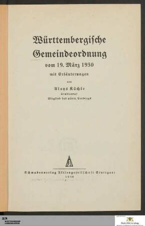 Württembergische Gemeindeordnung vom 19. März 1930 : mit Erläuterungen