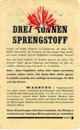 Abwurf-Flugblatt der Alliierten mit einer Warnung vor Luftangriffen und Verhaltensmaßregeln für die Zivilbevölkerung