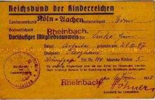 Mitgliedskarte des Reichsbundes der Kinderreichen für Heinrich Linke