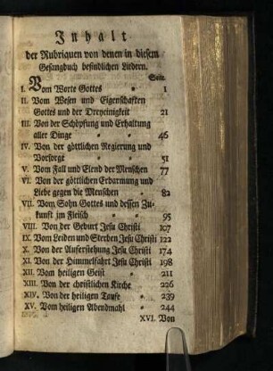 Inhalt der Rubriquen von denen in diesem Gesangbuch befindlichen Liedern