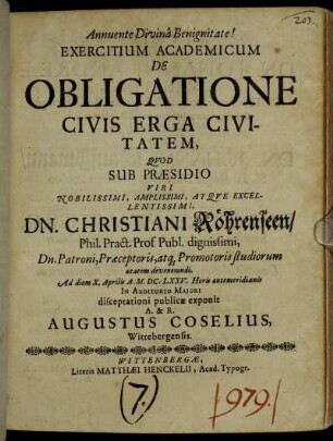 Exercitium Academicum De Obligatione Civis Erga Civitatem