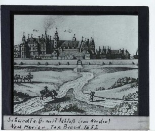 Schwedt / Oder, Schloss,Merian (Caspar), Ansicht von Schwedt (Druck 1652) : Ausschnitt (Schloss)