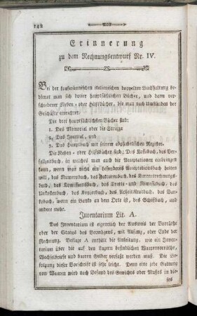 Erinnerung zu dem Rechnungsentwurf Nr. IV.