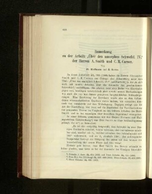 Bemerkung zu der Arbeit: "Über den amorphen Schwefel. IV." der Herren A. Smith und C. M. Carson.