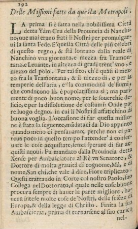 Delle Missioni fatte da questa Metropoli