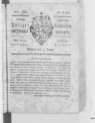 1780: Fuldaische wöchentliche Policey-Commercien und Zeitungsanzeigen : mit hochfürstlich gnädigsten Privilegio