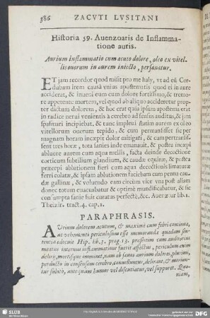 Historia 59. Auenzoaris de Inflammatione auris. Aurium inflammatio cum acuto dolore, oleo ex vitellis ouorum in aurem iniecto, persanatur