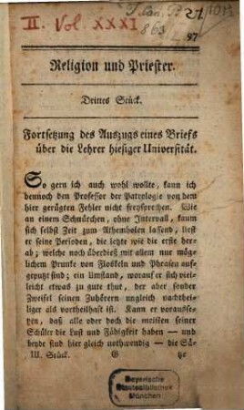 Religion und Priester, 3. Fortsetzung des Auszugs eines Briefs über die Lehrer hiesiger Universität