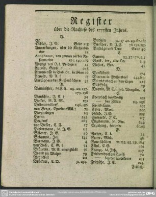 Register über die Nachlese des 1773sten Jahres
