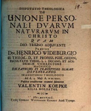 Disp. theol. de unione personali duarum naturarum in Christo