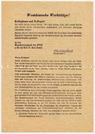 Aufruf des FDGB an westdeutsche Arbeitnehmer zum Kampf gegen Atomwaffen, mit Brief an DGB für Aktionseinheit