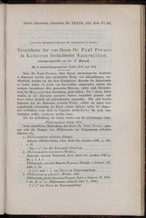 Verzeichniss der von Herrn Dr. Paul Preuss in Kamerun beobachteten Saturniiden,