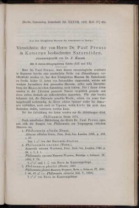 Verzeichniss der von Herrn Dr. Paul Preuss in Kamerun beobachteten Saturniiden,