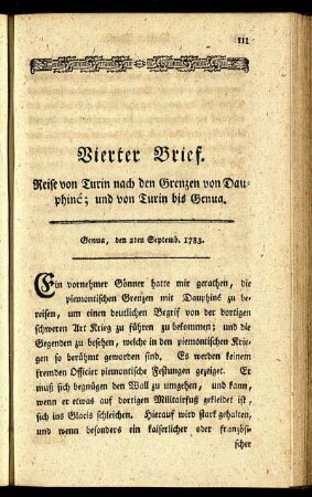 Vierter Brief. Reise von Turin nach den Grenzen von Dauphiné; und von Turin bis Genua.