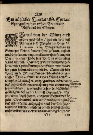 Ein nützlicher Tractat/ M. Cyriaci Spangenberg/ vom rechten Brauch/ und Mißbrauch der Müntzen.