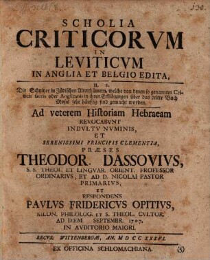 Scholia criticorum in Leviticum in Anglia et Belgio edita