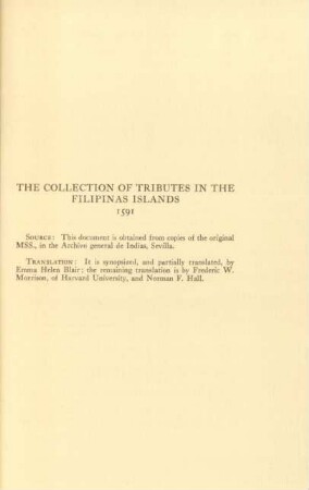 The collection of tributes in the Filipinas Islands 1591