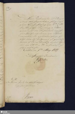 18f: Brief Fr. L. Chr. v. Solms-Laubachs an A. W. Schlegel; dat. Coelln, 07.05.1819.
