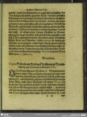 Copia Schreibens Hertzog Christians zu Braunschweig und Lüneburg an General Tilli