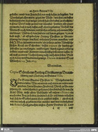 Copia Schreibens Hertzog Christians zu Braunschweig und Lüneburg an General Tilli