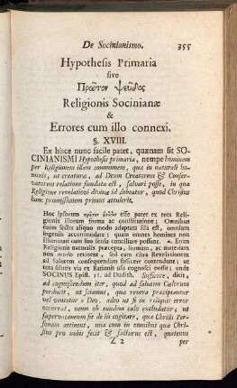 Hypothesis Primaria sive...Religionis Socinianæ & Errores cum illo connexi.