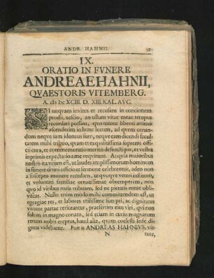 IX. Oratio In Funere Andreae Hahnii ...