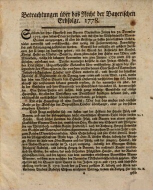 Betrachtungen über das Recht der bayerischen Erbfolge. 1778.