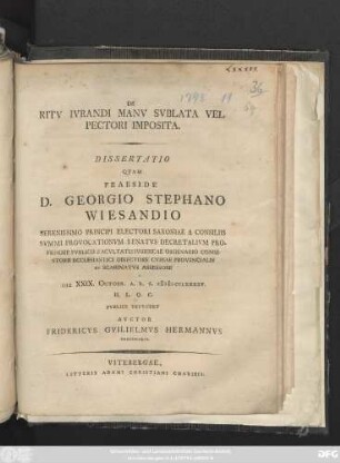 De Ritv Ivrandi Manv Svblata Vel Pectori Imposita Dissertatio