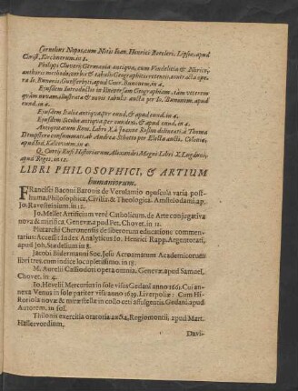 Libri Philosophici, & Artium humaniorum.