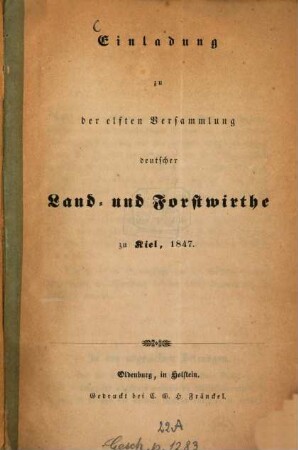 Einladung zu der 11. Versammlung deutscher Land- und Forstwirthe zu Kiel, 1847