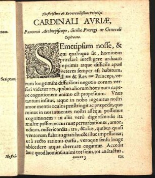 Illustrißimo & Reverendißimo Principi Cardinali Avriæ, Panormi Archiepiscopo, Siciliæ Proregi ac Generali Capitante.