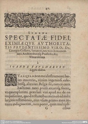 Strena Spectatae Fidei, Eximiaeque Authoritatis Prudentissimo Viro...