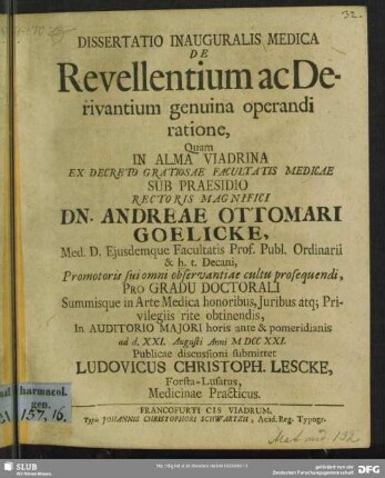 Dissertatio Inauguralis Medica De Revellentium ac Derivantium genuina operandi ratione