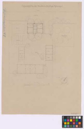 Schwirgsden [Königsgarten] (Darkeim [Landkreis Darkehmen, Angerapp]): Schimagel. Lageplan mit. - [Wohnhaus] (Grundriss). - Pferde- und Kuhstall (Grundriss). - [Scheune] (Grundriss). - Schweinestall und Schuppen (Grundriss). - Hundehütte (Grundriss). - [Misthaufen] (Aufsicht).