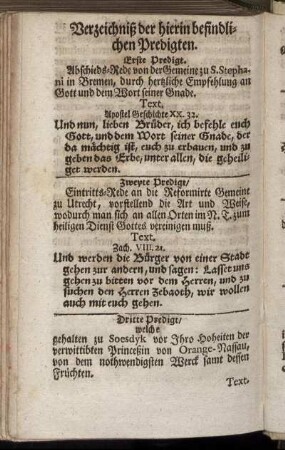 Verzeichniß der hierinn befindlichen Predigten.