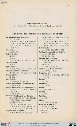I. Elfenbein, Bein, Knochen und Hirschhorn; Perlmutter