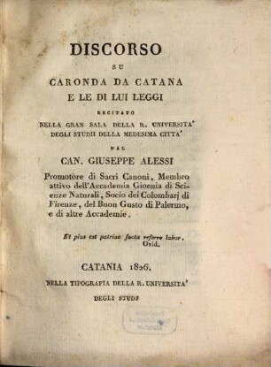 Discorso su Caronda da Catana e le di lui leggi