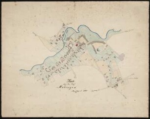 Plan von Medingen bei Dresden, Handzeichnung, um 1880 : Karte über das Dorf Medingen. - 1:2 000. - Nicht ermittelbar. - [um 1880]. - 1 Plan : Federzeichnung, koloriert ; Blattgröße 51 x 64 cm