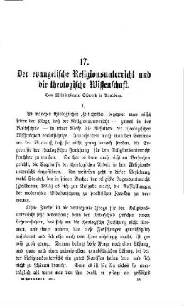 Der evangelische Religionsunterricht und die theologische Wissenschaft