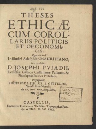 Theses Ethicae : Cum Corollariis Politicis Et Oeconomicis