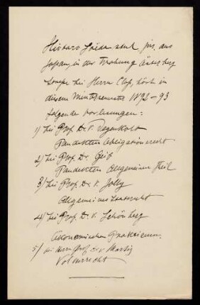 Belegliste: Vorlesungen im Wintersemester 1892/1893